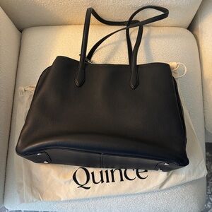 Quince Italian Leather Triple Compartment Work Tote black